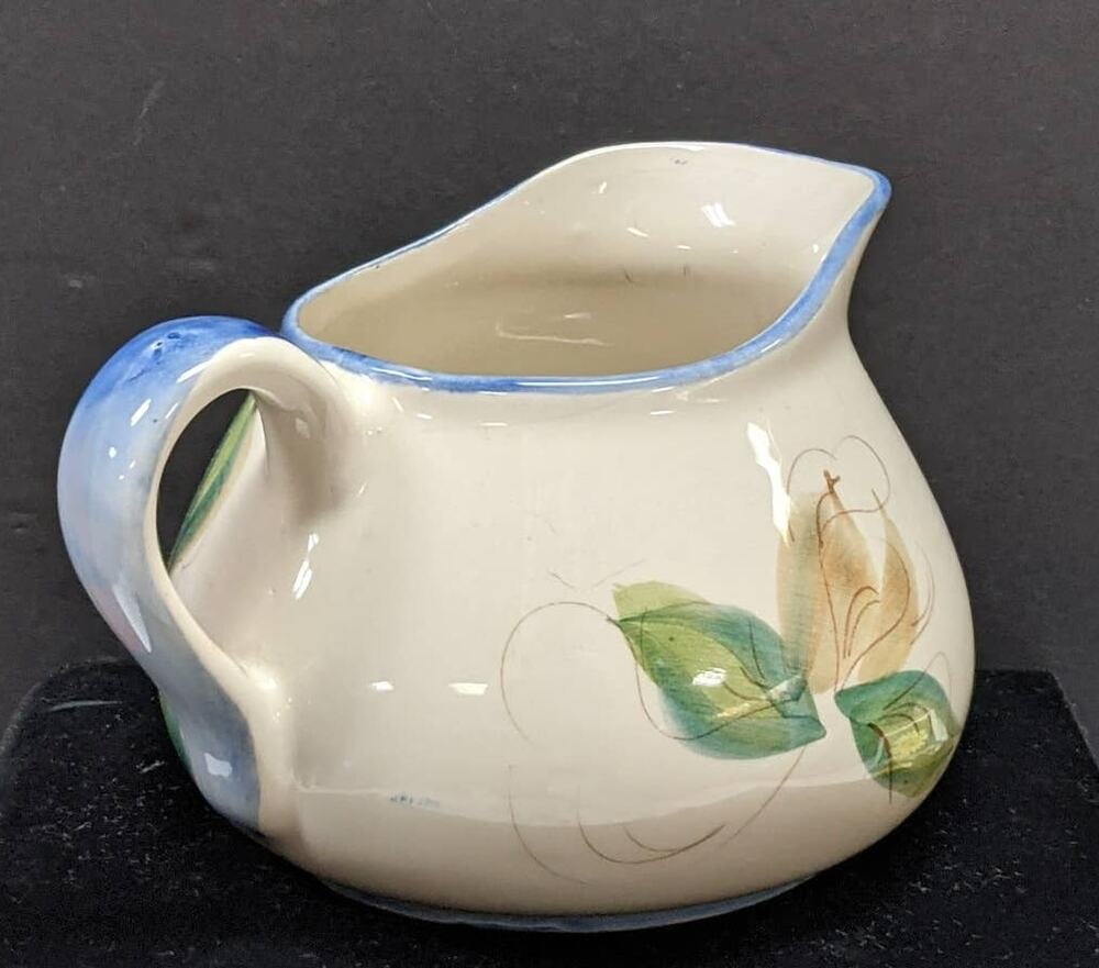 Vintage Signed Secla Portugal Hand Painted Blue Green Floral Pitcher Jug Vase